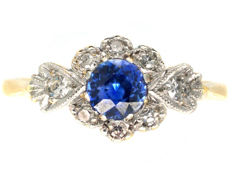 Art Deco Sapphire & Diamond Cluster Ring with Diamond Shoulders