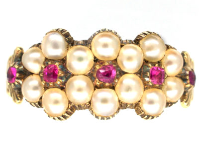 15ct Gold Georgian Ruby & Pearl Triple Cluster Ring