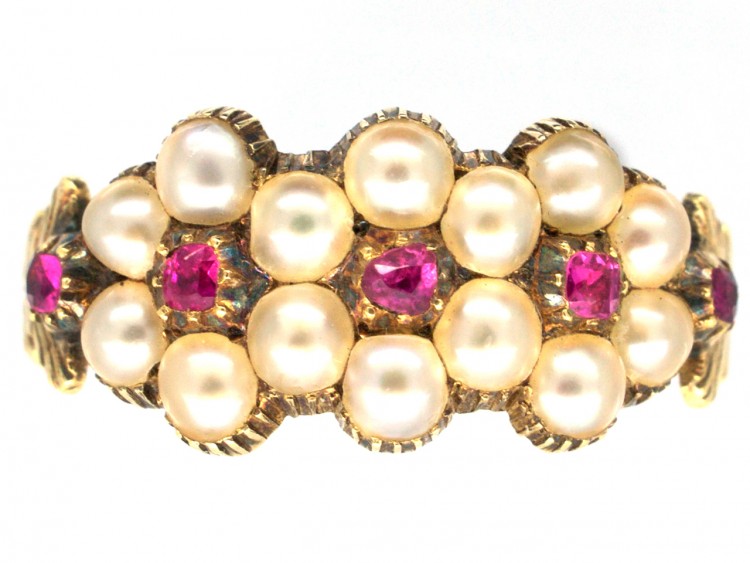 15ct Gold Georgian Ruby & Pearl Triple Cluster Ring
