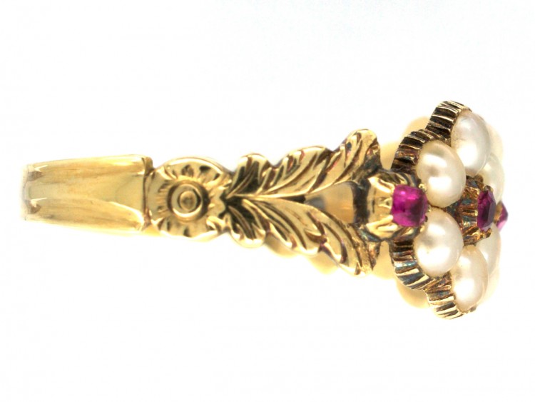15ct Gold Georgian Ruby & Pearl Triple Cluster Ring
