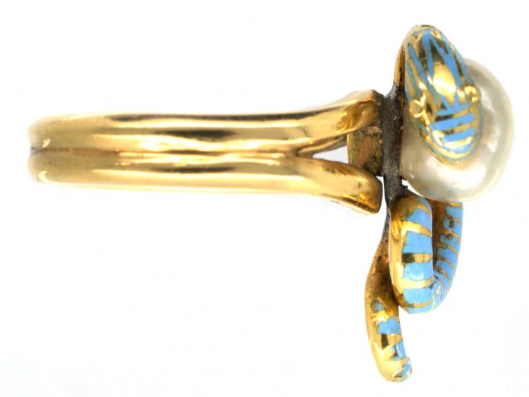 Victorian 18ct Gold Coiled Enamel Snake & Natural Pearl Ring