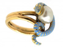 Victorian 18ct Gold Coiled Enamel Snake & Natural Pearl Ring
