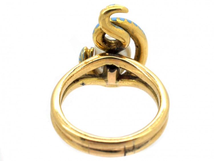 Victorian 18ct Gold Coiled Enamel Snake & Natural Pearl Ring
