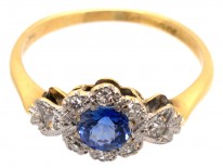 Art Deco Sapphire & Diamond Cluster Ring with Diamond Shoulders