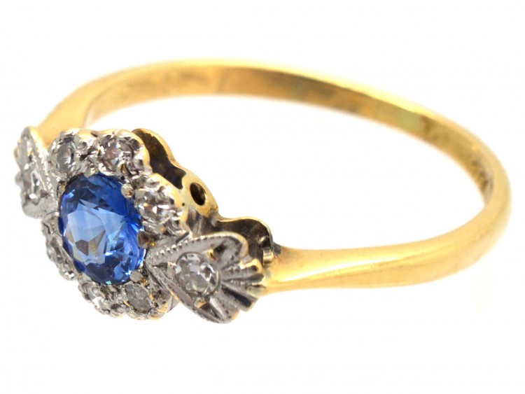 Art Deco Sapphire & Diamond Cluster Ring with Diamond Shoulders