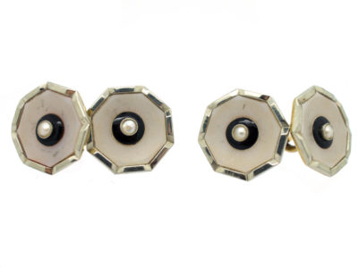 9ct & 18ct Gold Art Deco Cufflinks Set With Onyx, Mother of Pearl & Natural Split Pearls