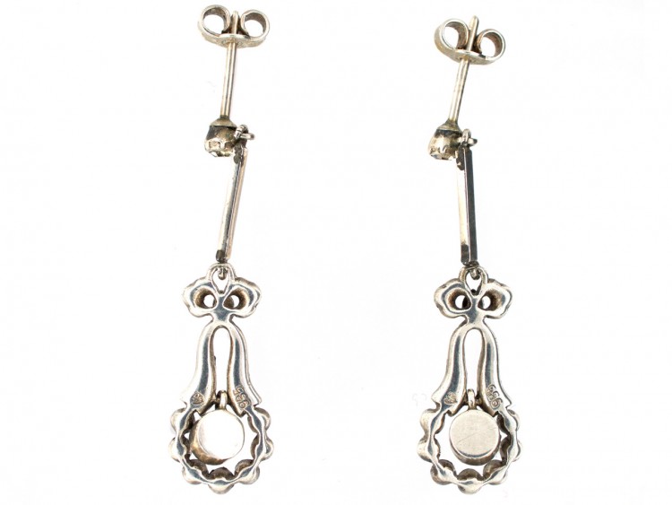 Art Deco Silver, Paste & Black Enamel Drop Earrings