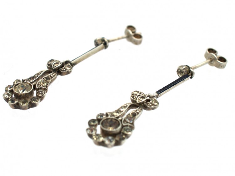 Art Deco Silver, Paste & Black Enamel Drop Earrings