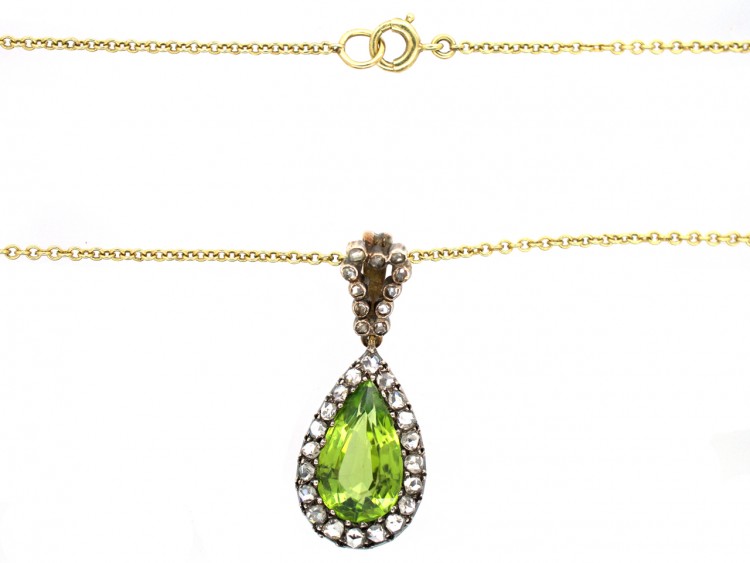 Edwardian Peridot & Diamond Pear Shaped Pendant on Gold Chain