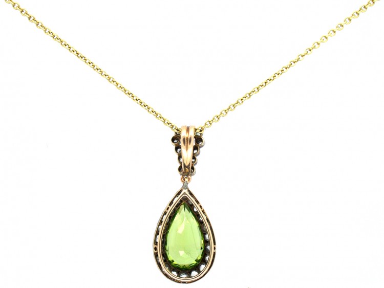 Edwardian Peridot & Diamond Pear Shaped Pendant on Gold Chain