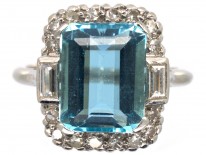 18ct White Gold & Platinum Aquamarine & Diamond Rectangular Ring