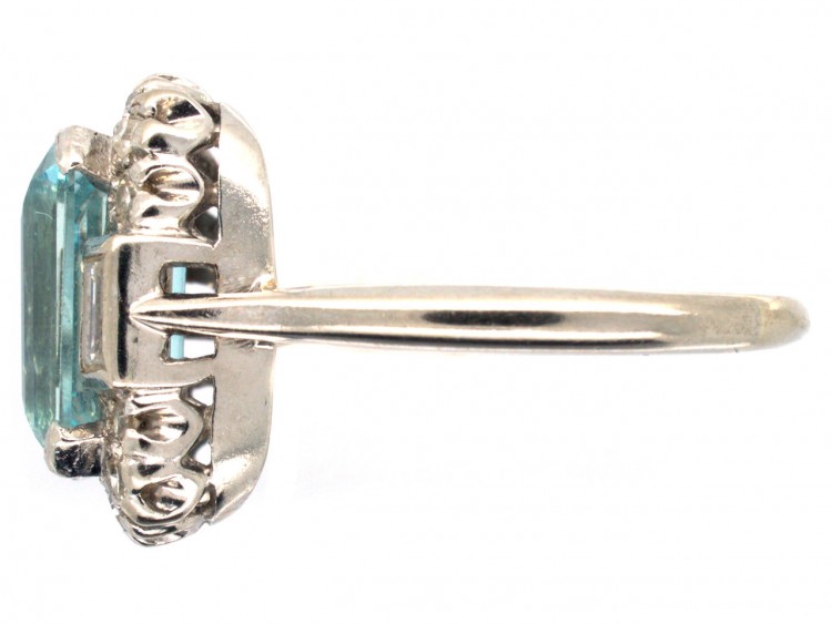 18ct White Gold & Platinum Aquamarine & Diamond Rectangular Ring