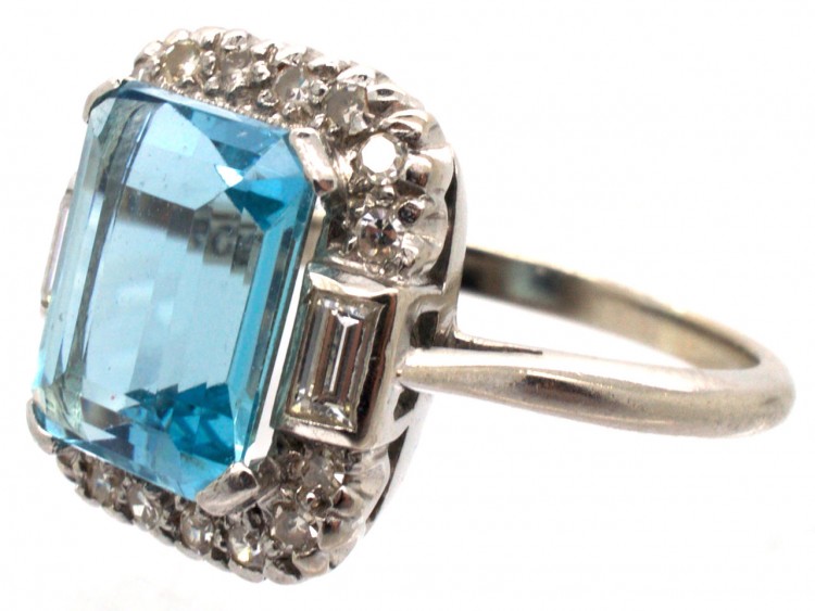 18ct White Gold & Platinum Aquamarine & Diamond Rectangular Ring