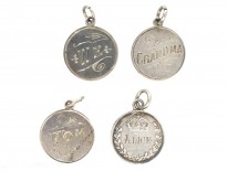 Four Victorian Silver Sixpence Charms with Grandma, Tom, Alice and We on the reverse
