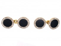 18ct Gold & Platinum Art Deco Rose Diamond & Onyx Round Cufflinks