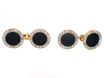 18ct Gold & Platinum Art Deco Rose Diamond & Onyx Round Cufflinks