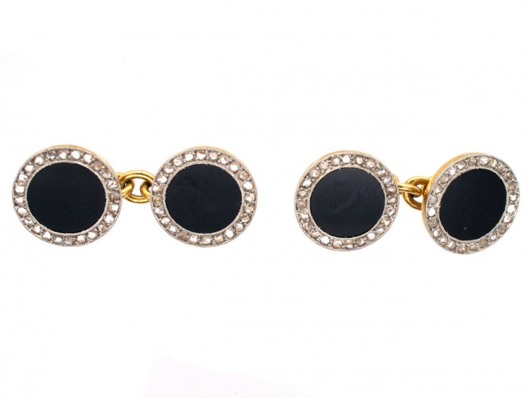 18ct Gold & Platinum Art Deco Rose Diamond & Onyx Round Cufflinks