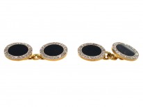 18ct Gold & Platinum Art Deco Rose Diamond & Onyx Round Cufflinks