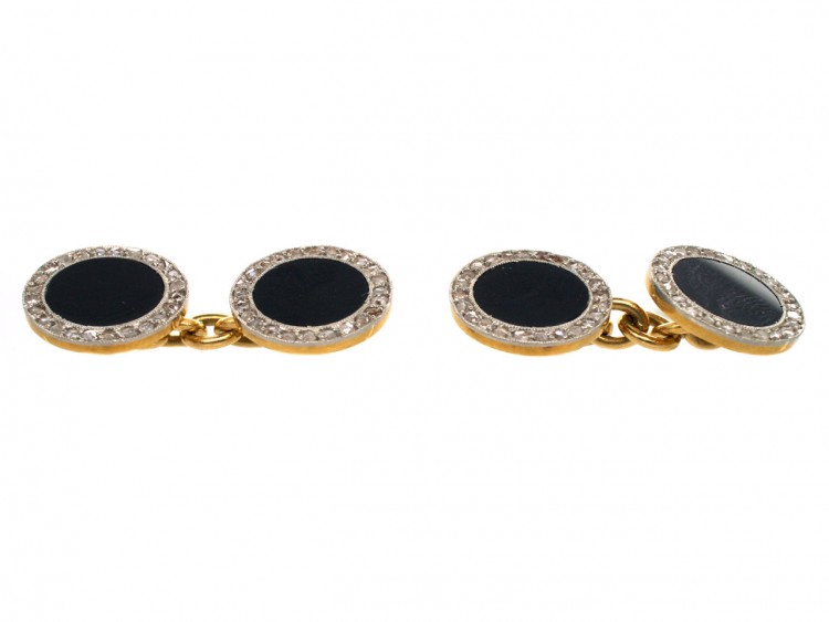 18ct Gold & Platinum Art Deco Rose Diamond & Onyx Round Cufflinks
