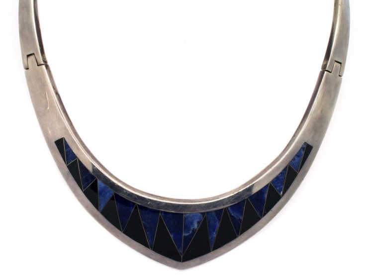 Mexican Silver & Inlaid with Blue & Black Stone Collar by Antonio Pineda