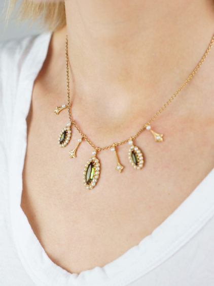 Edwardian 15ct Gold, Green Tourmaline & Natural Split Pearls Necklace