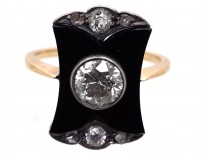 Art Deco 18ct Gold, Diamond & Onyx Plaque Ring