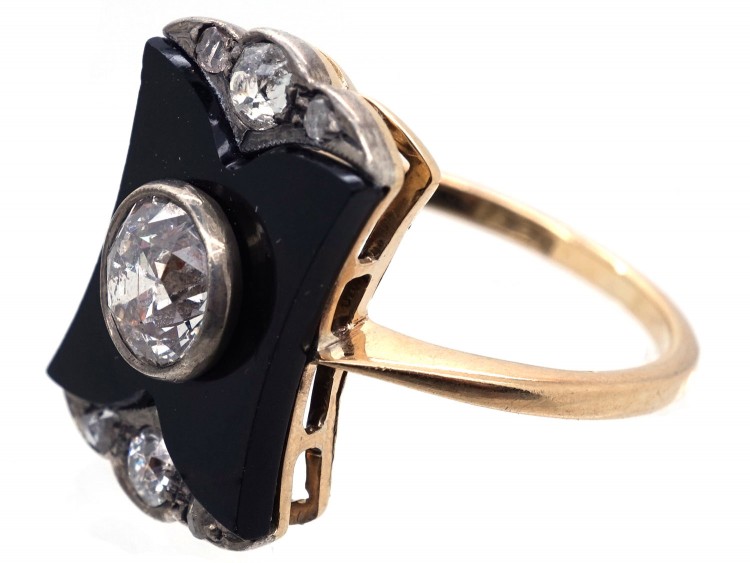 Art Deco 18ct Gold, Diamond & Onyx Plaque Ring