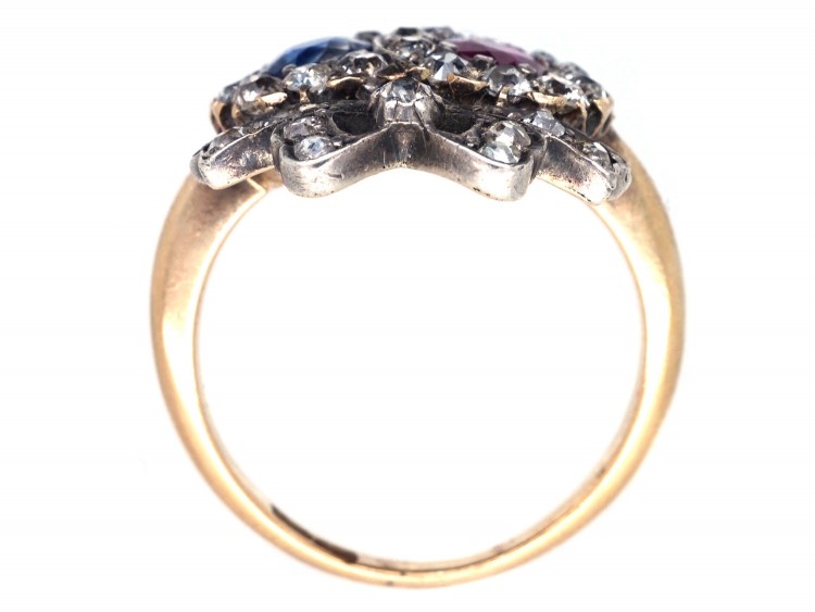 Victorian Double Heart Ring set with a Sapphire, Ruby & Diamonds