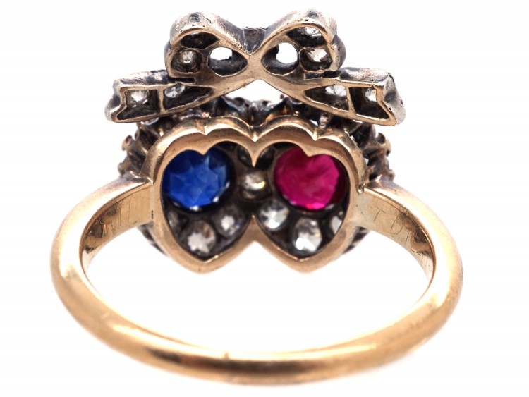 Victorian Double Heart Ring set with a Sapphire, Ruby & Diamonds