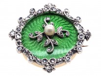 Edwardian 15ct Gold, Green Enamel, Natural Pearl & Diamond Brooch