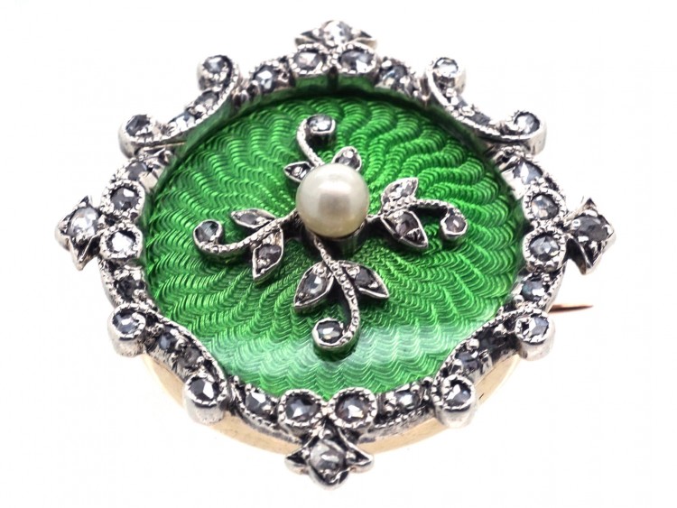 Edwardian 15ct Gold, Green Enamel, Natural Pearl & Diamond Brooch