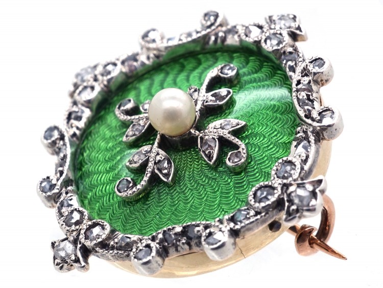 Edwardian 15ct Gold, Green Enamel, Natural Pearl & Diamond Brooch