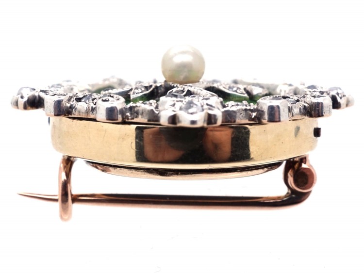 Edwardian 15ct Gold, Green Enamel, Natural Pearl & Diamond Brooch