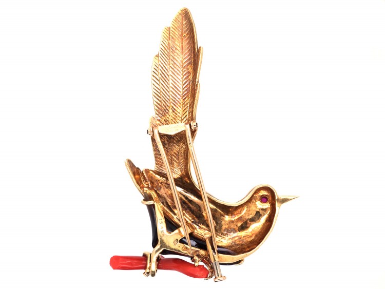18ct Gold Coral & Onyx Bird Brooch by Boucheron