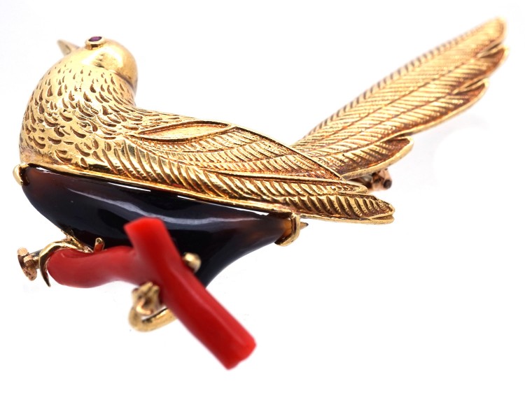 18ct Gold Coral & Onyx Bird Brooch by Boucheron