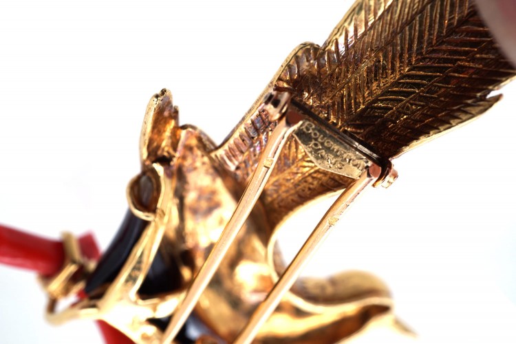18ct Gold Coral & Onyx Bird Brooch by Boucheron