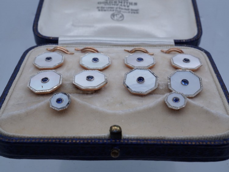 9ct & 18ct Gold Dress Set with Cufflinks Buttons & Studs set with Mother of Pearl & Sapphires