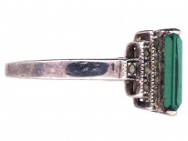 Silver, Marcasite & Green Paste Art Deco Ring