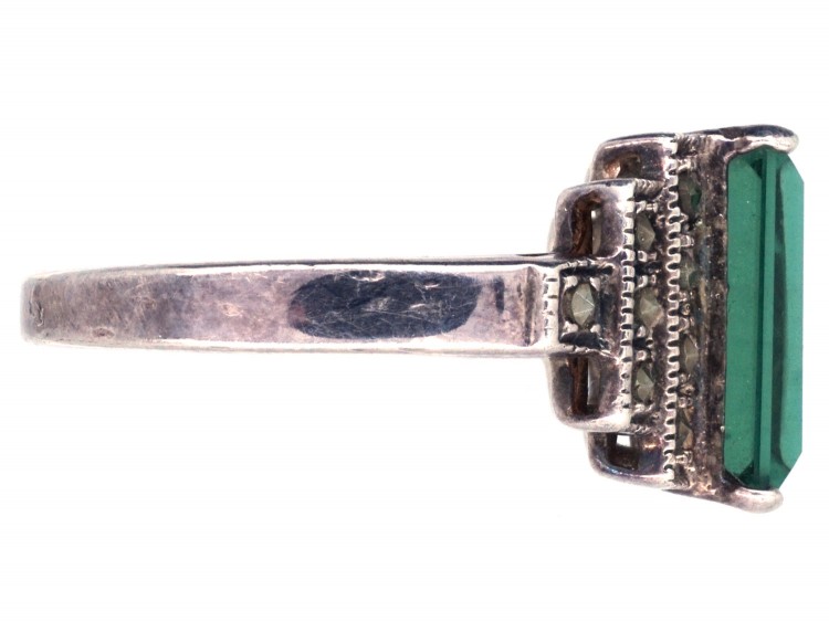 Silver, Marcasite & Green Paste Art Deco Ring