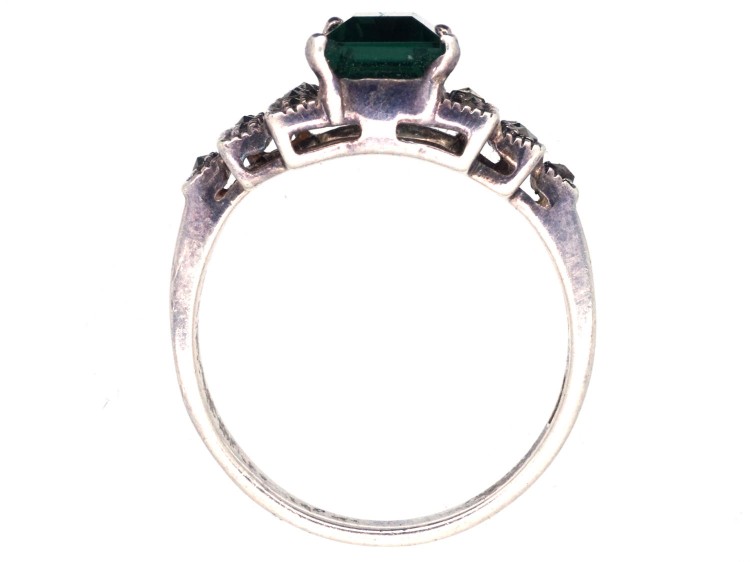 Silver, Marcasite & Green Paste Art Deco Ring