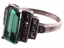 Silver, Marcasite & Green Paste Art Deco Ring