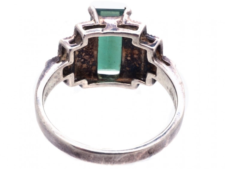 Silver, Marcasite & Green Paste Art Deco Ring
