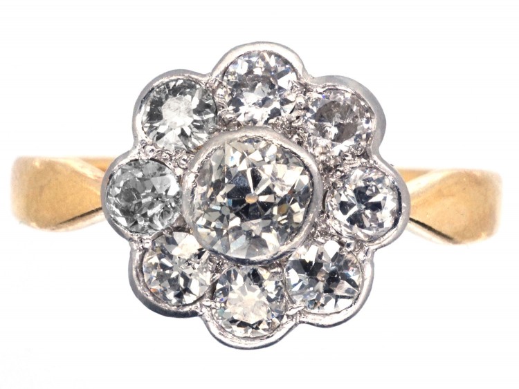 Edwardian 18ct Gold & Platinum Diamond Daisy Cluster Ring