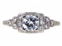 Art Deco 18ct White Gold Diamond Solitaire Ring with Diamond Shoulders