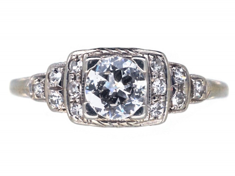 Art Deco 18ct White Gold Diamond Solitaire Ring with Diamond Shoulders
