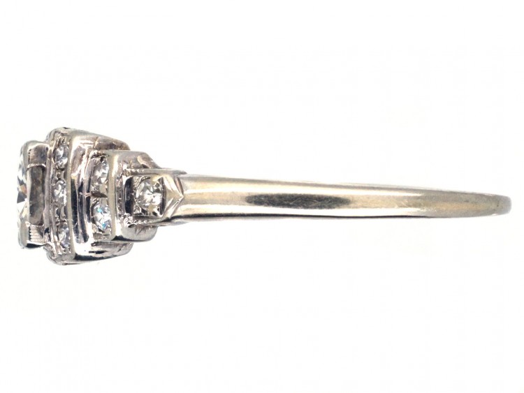 Art Deco 18ct White Gold Diamond Solitaire Ring with Diamond Shoulders