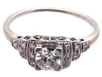 Art Deco 18ct White Gold Diamond Solitaire Ring with Diamond Shoulders