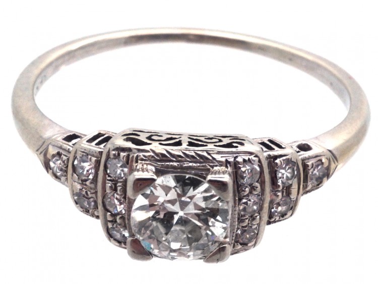 Art Deco 18ct White Gold Diamond Solitaire Ring with Diamond Shoulders