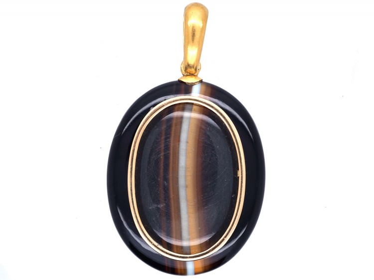 Victorian 18ct Gold & Banded Onyx Oval Pendant with Locket Back
