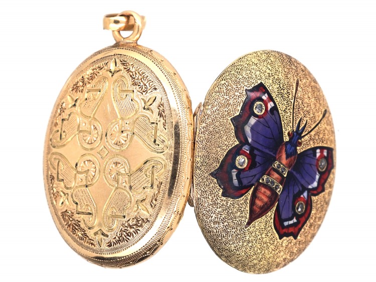 Victorian 15ct Gold Oval Locket with Enamel & Diamond Butterfly